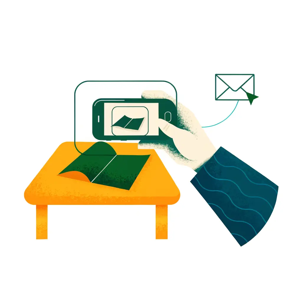 Illustration: Eine Hand fotografiert einen geöffneten Brief mit dem Smartphone, daneben ein weitergeleiteter E-Mail-Umschlag.